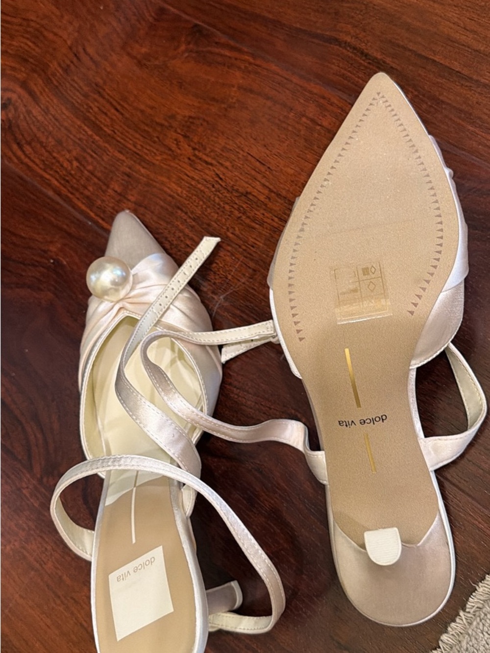 Dolce Vita Ivory Satin Pointed-Toe Strappy Heels with Pearl Accent